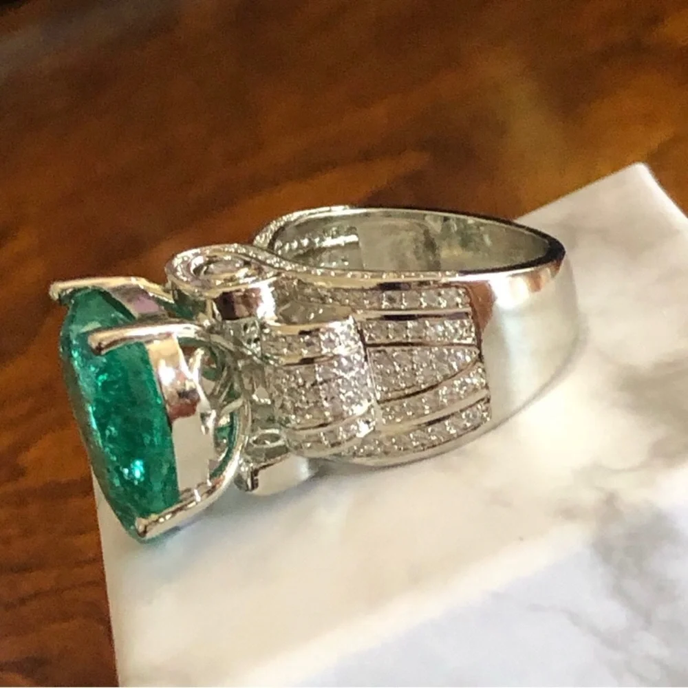 Ladies elegant large paraiba tourmaline emerald heart stone 925 ring 9 NIB